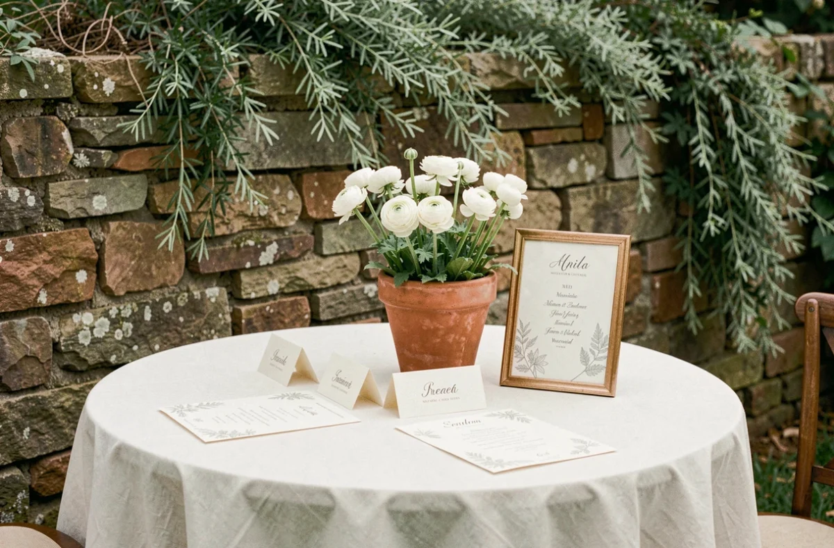 Décoration de table de mariage en extérieur avec cartes de menu et marque-places My Dear Paper dans un jardin rustique