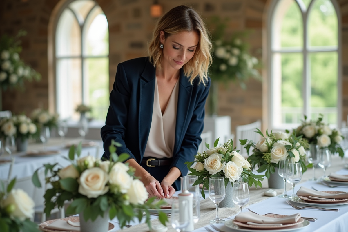 Décoratrice de mariage ajustant des centres de fleurs blanches