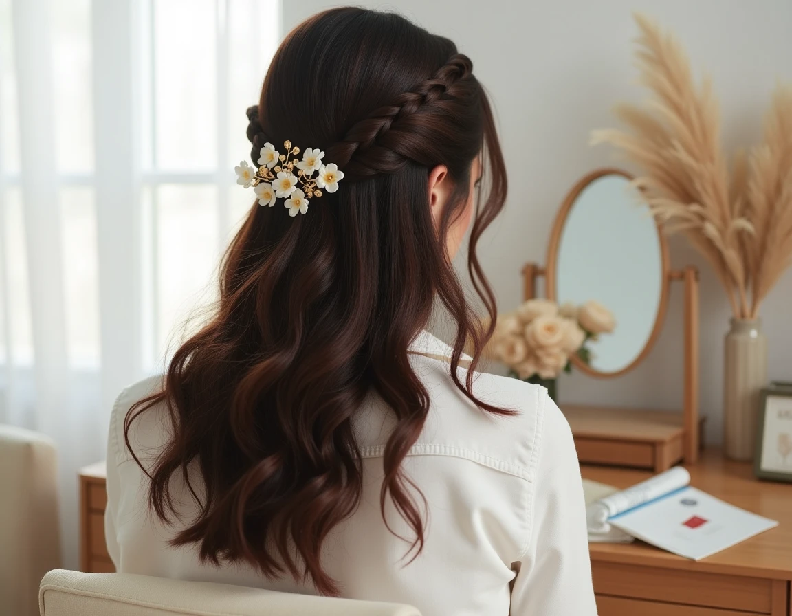 Femme brune avec une demi-natte romantique ornée d'un clip doré floral sur cheveux mi-longs ondulés, coiffure mariage naturelle et élégante
