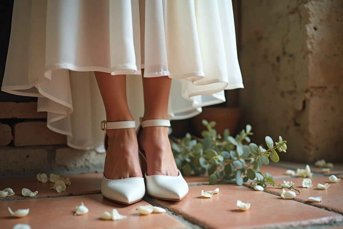 Gros plan de chaussures blanches à bride cheville pour mariage bohème chic sur carrelage terracotta
