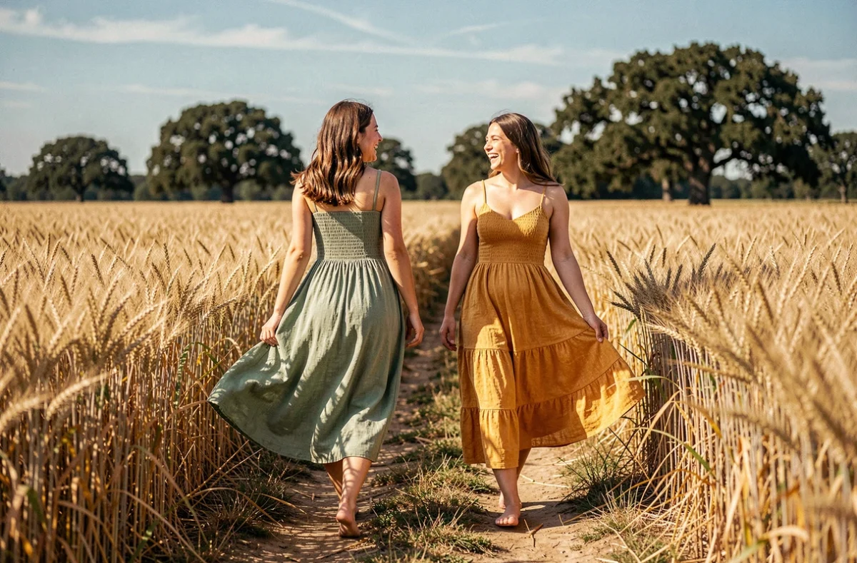 Deux femmes en robes champêtres colorées marchant dans un champ de blé en été