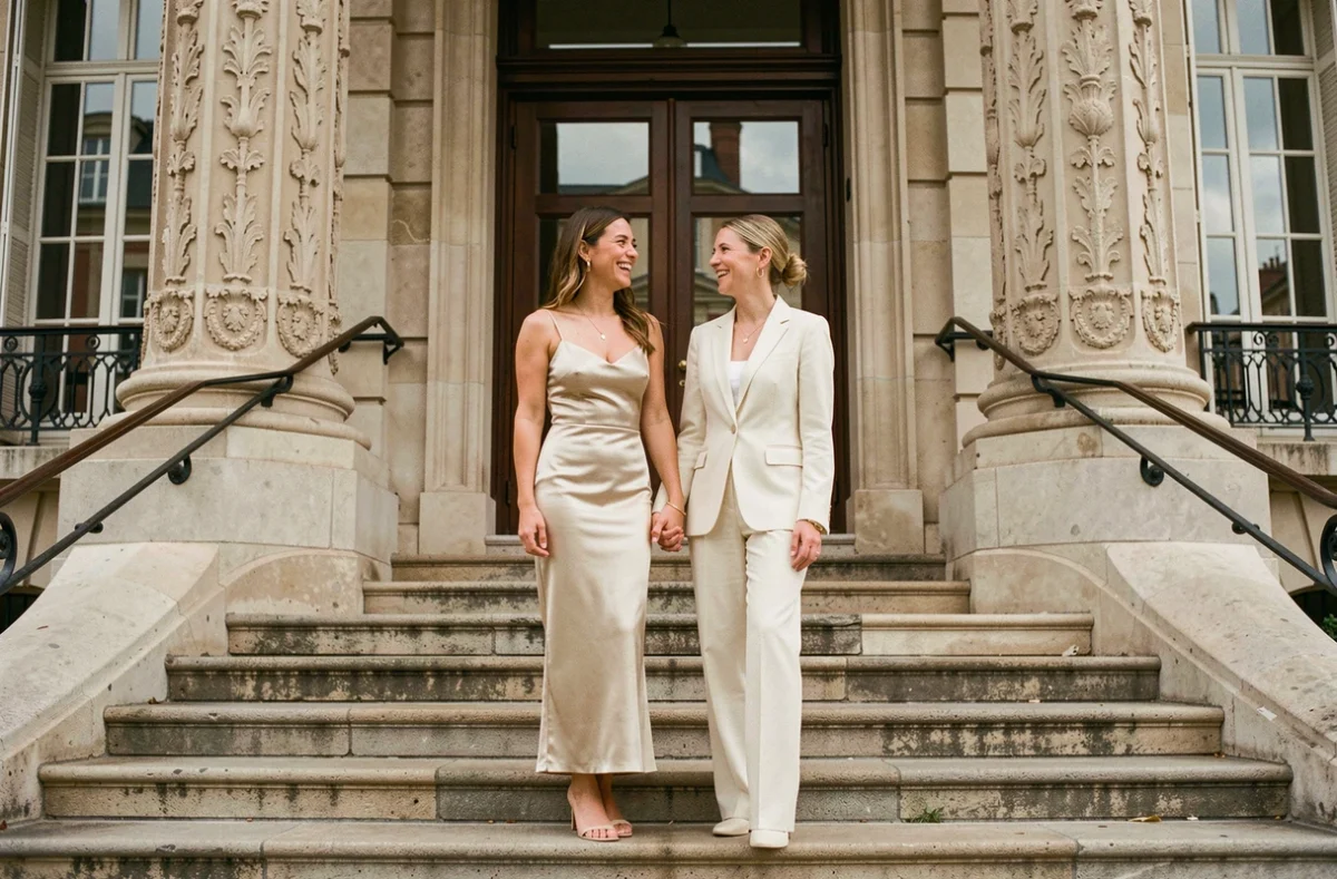 Deux mariées en tenues de mariage civil minimalistes sur les marches d'une mairie française classique