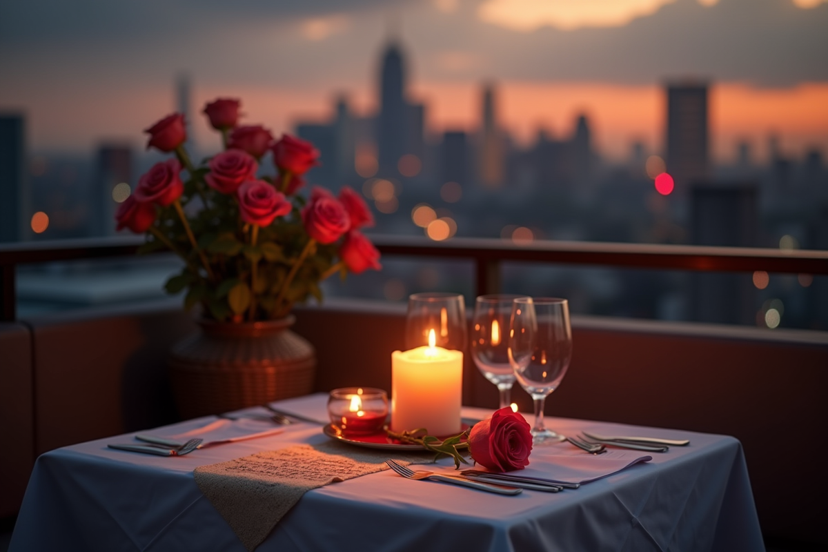 Diner romantique avec bougie et lettre d