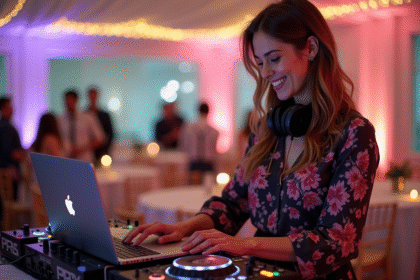 DJ femme souriante en mariage avec casque et ordinateur