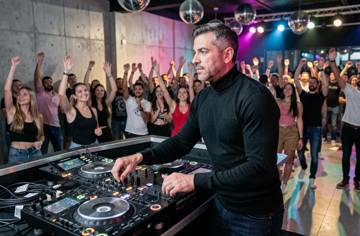 DJ lyonnais en pleine action sur la piste de danse lors d'une soirée animée dans une salle de réception contemporaine à Lyon