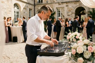DJ lyonnais professionnel animant un vin d'honneur dans la cour d'un château, derrière une table de mixage décorée de fleurs élégantes