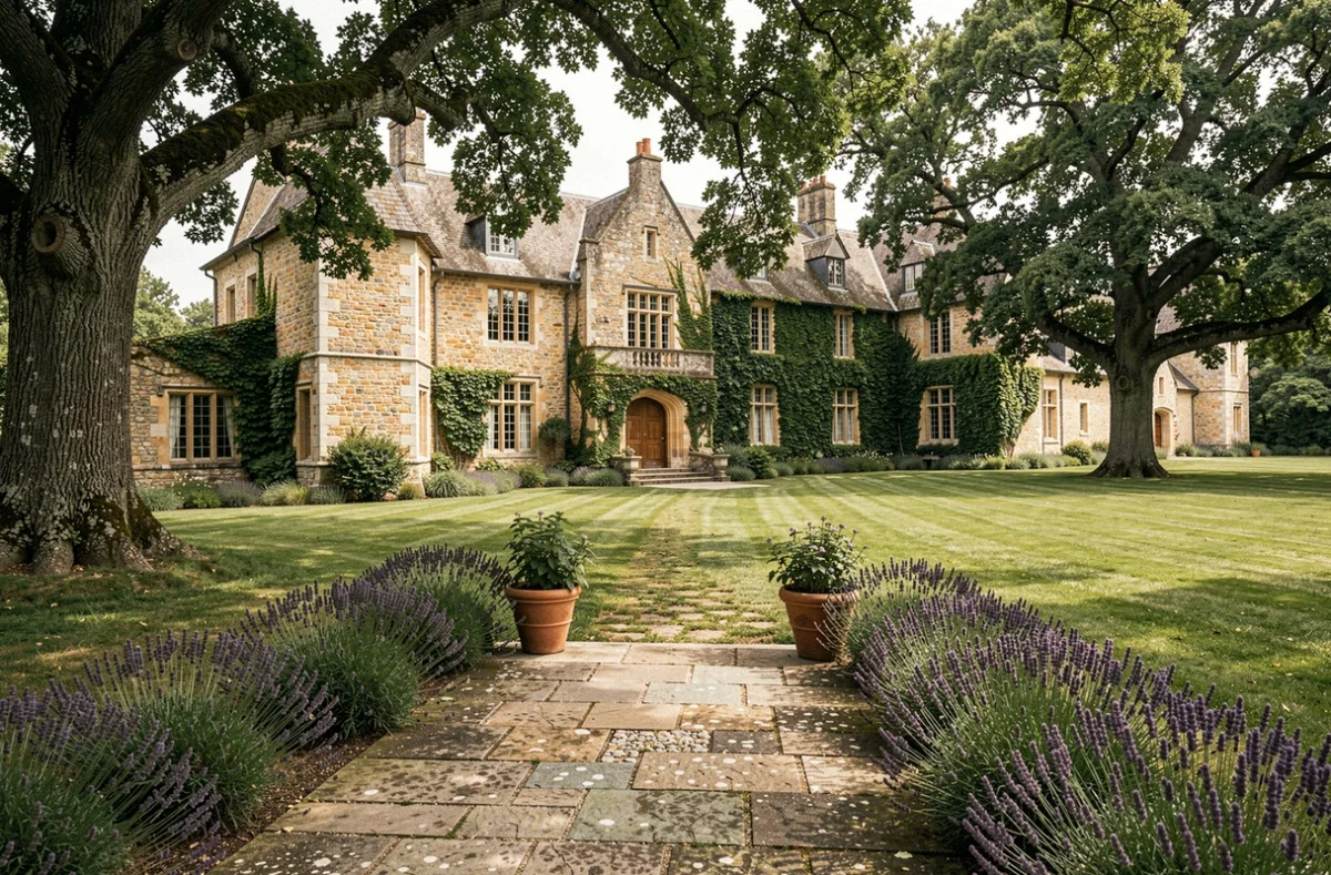 Manoir médiéval du Domaine de Farcheville avec façade en pierre et pelouse verdoyante