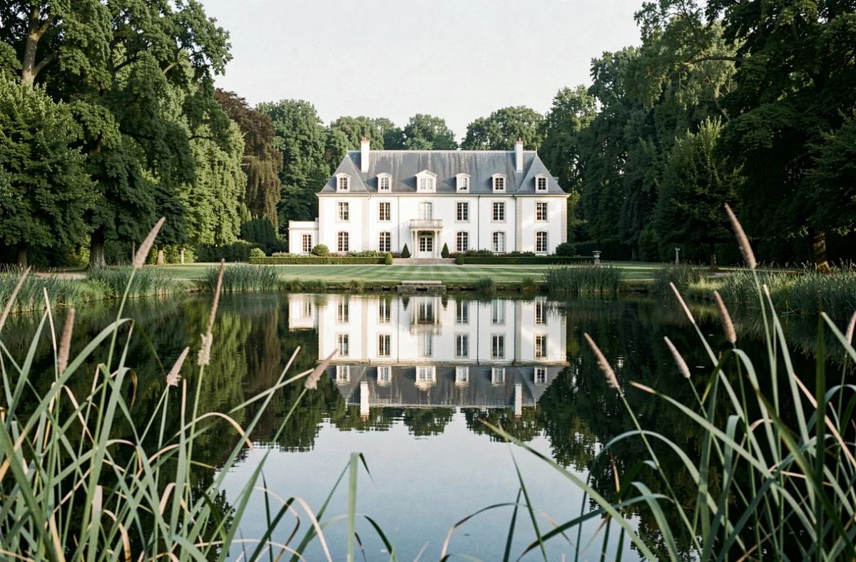 Le Domaine d'Orgemont avec son manoir blanc et son étang en premier plan dans un cadre verdoyant