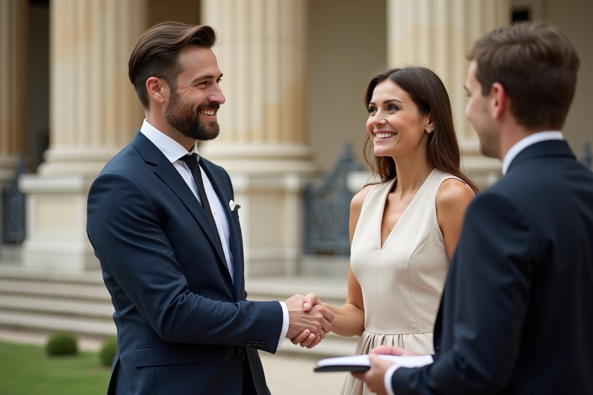 Adultes élégants se serrant la main devant un bâtiment parisien