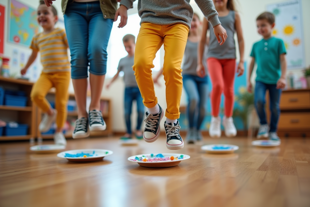 Enfants créatifs sautant sur des objets dans une classe lumineuse