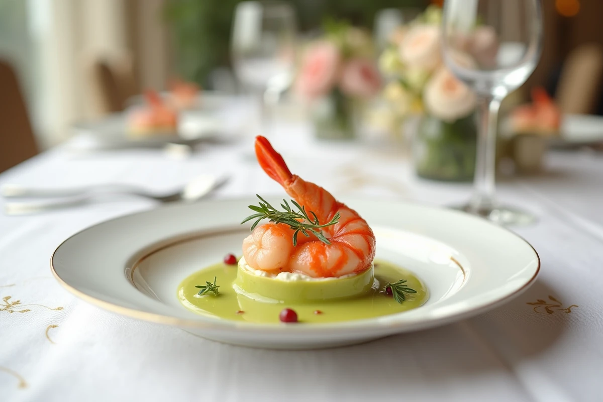 Entrée raffinée servie lors d'un dîner de mariage avec verrine homard et avocat sur table décorée