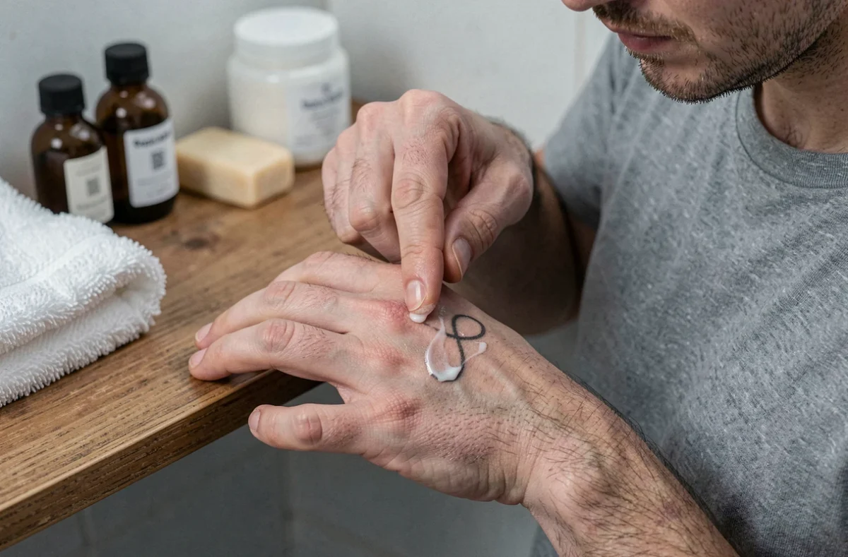 Application de baume hydratant sur un tatouage alliance infini pour en préserver la netteté