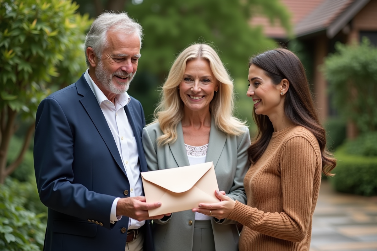 Famille échangeant une enveloppe dans un jardin