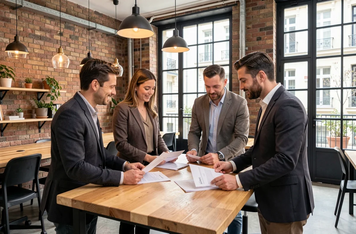 Équipe professionnelle en réunion lors d'une séance photo corporate dans un espace de coworking parisien