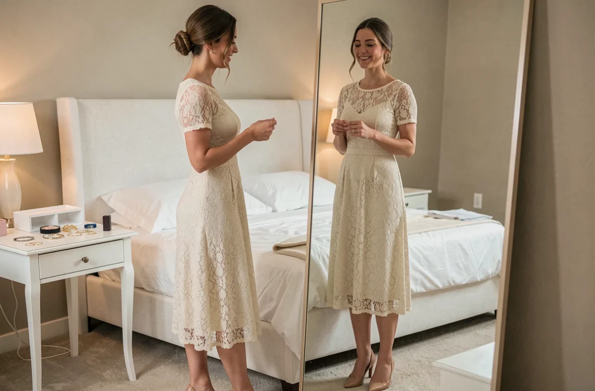 Femme essayant une robe de dentelle crème pour un mariage devant un miroir dans sa chambre