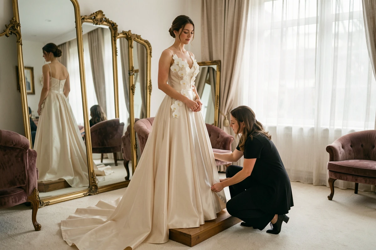 Essayage d'une robe de mariée de luxe avec broderies d'orchidées dans une boutique de haute couture