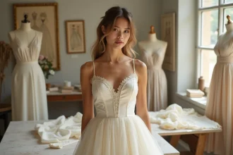 Mariée essayant une robe de mariée sur mesure dans un atelier de couture parisien avec tissu et patrons autour d'elle