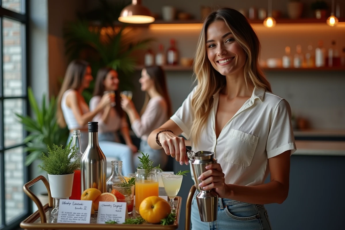 Jeune femme préparant des cocktails maison lors d'un atelier mixologie pour un EVJF entre amies