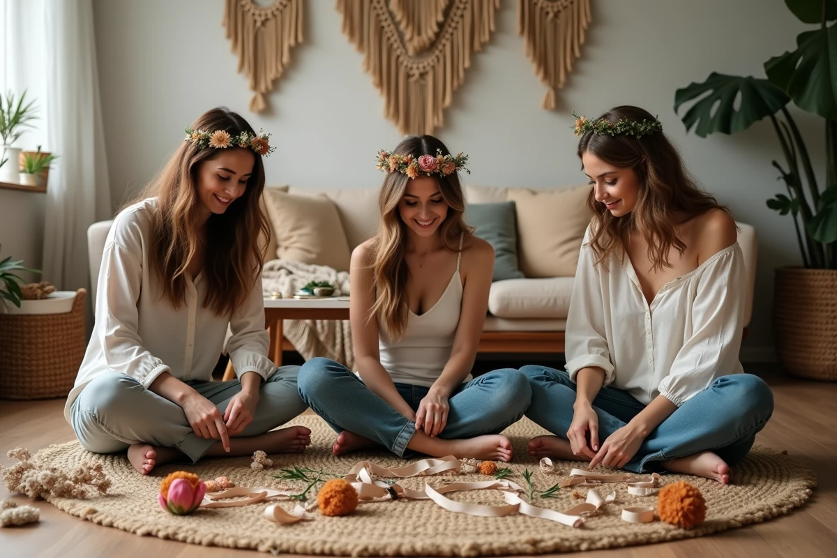 Femmes créant des couronnes de fleurs séchées ensemble lors d'une activité EVJF tendance à domicile