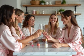 Groupe d'amies en robes de soie pastel faisant des soins beauté et manucure lors d'un EVJF à la maison