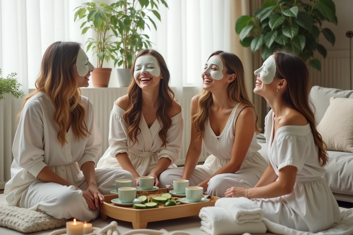 Amies avec des masques de soin sur le visage profitant d'une séance spa à domicile pour un EVJF moderne