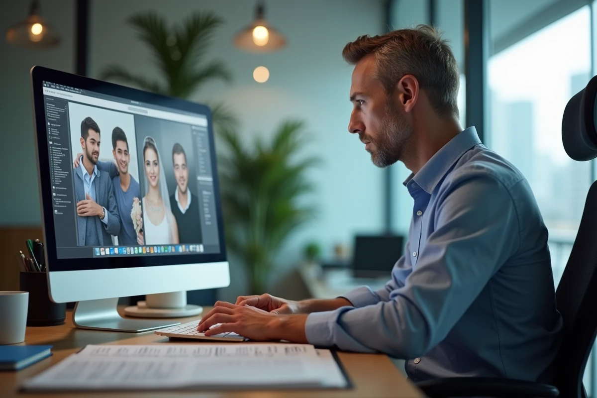 Homme vérificateur analysant des photos de mariage sur son ordinateur