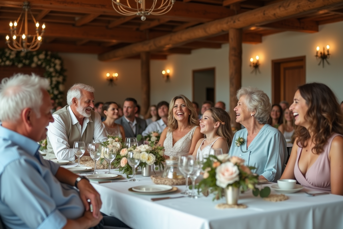 Famille réunie autour d une table de mariage en intérieur