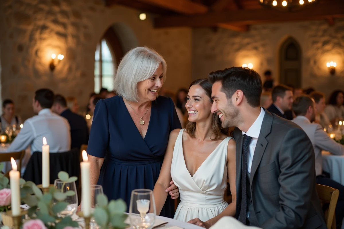 Famille recomposée réunie lors d'un mariage, belle-mère et couple partageant un moment de joie authentique