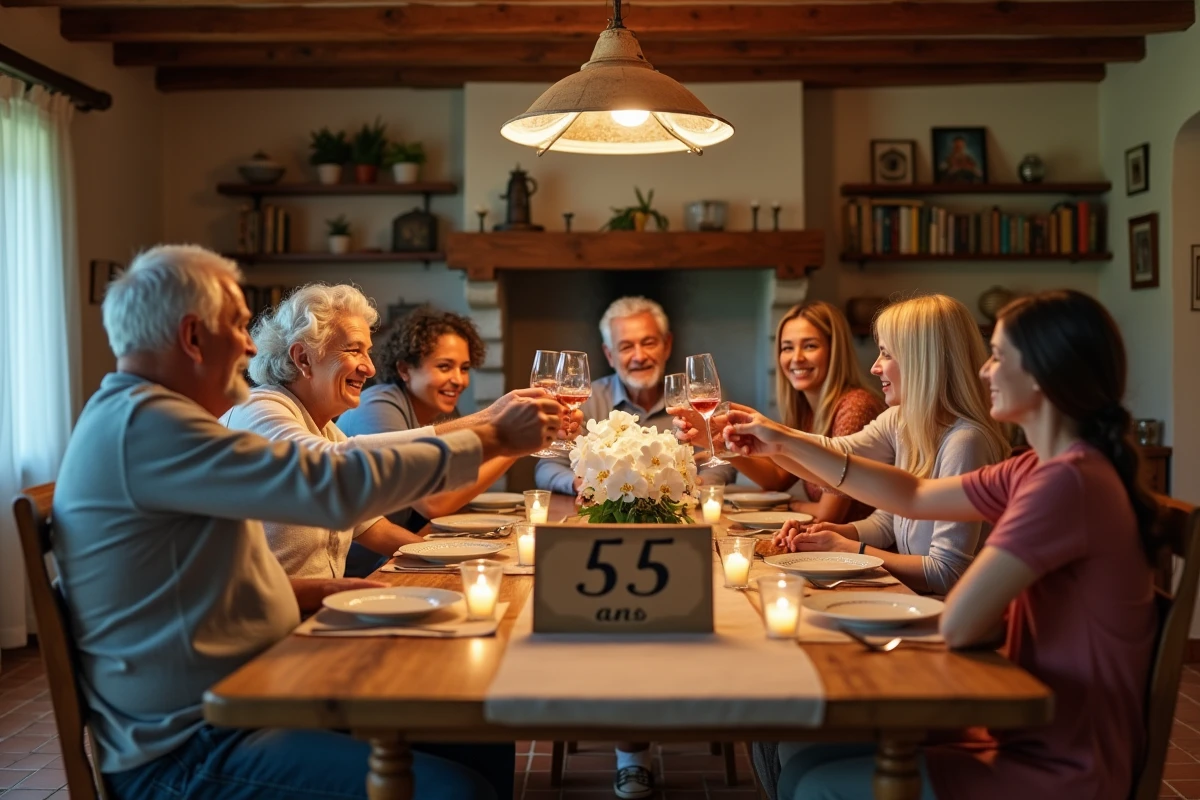 Famille réunie autour d'un couple de personnes âgées pour fêter 55 ans de mariage, toast et décoration avec des orchidées blanches