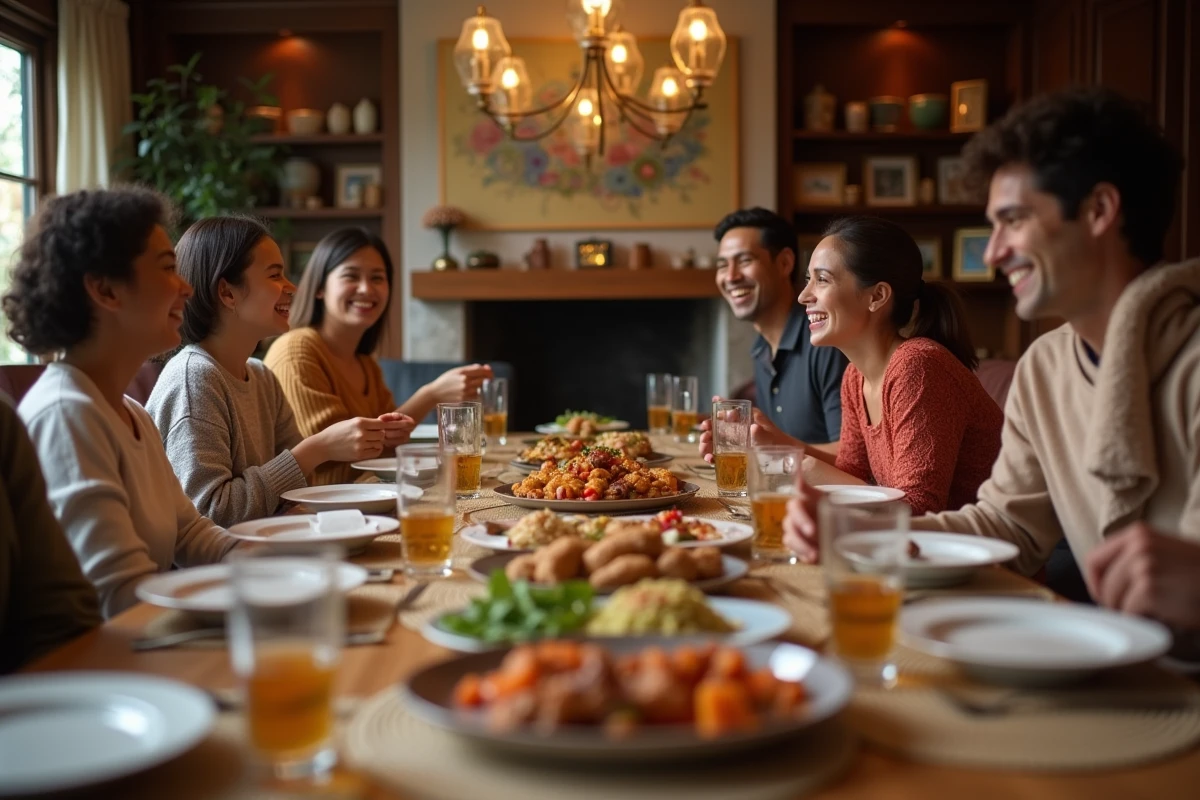 Deux familles autour d un repas traditionnel dans un salon