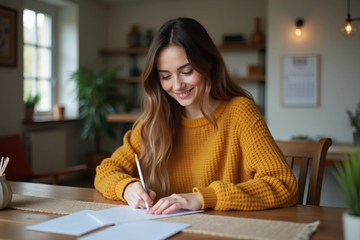 Jeune femme en train d adresser des enveloppes d invitations