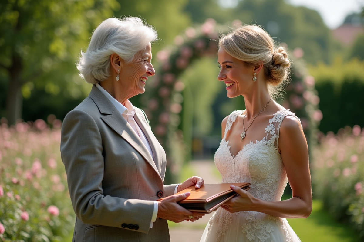 Femme âgée offrant un album de mariage à une jeune mariée dans un jardin