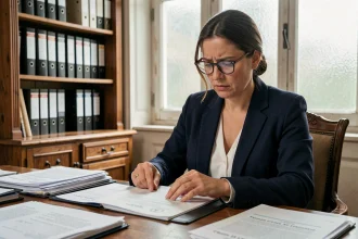 Femme consultant des documents de transcription de mariage dans un bureau administratif français à Nantes