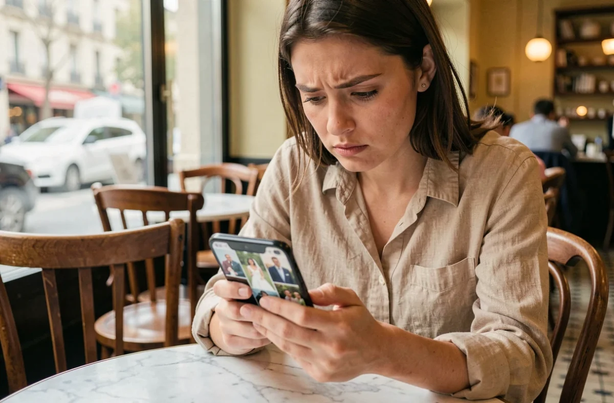 Jeune femme dans un café parisien consultant son smartphone avec une expression sceptique face à des photos de mariage de célébrité non vérifiées