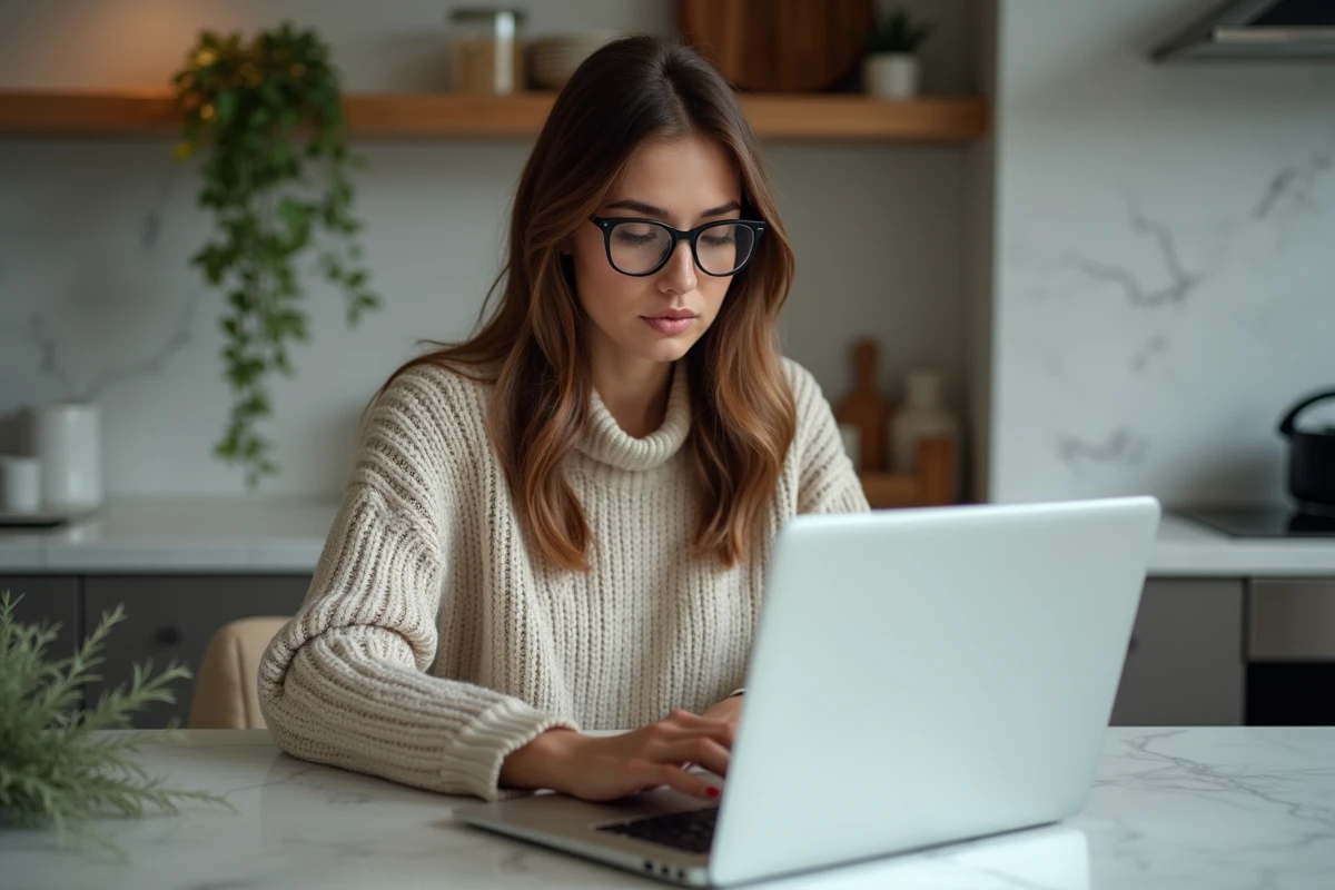 Femme concentrée sur son ordinateur dans une cuisine moderne