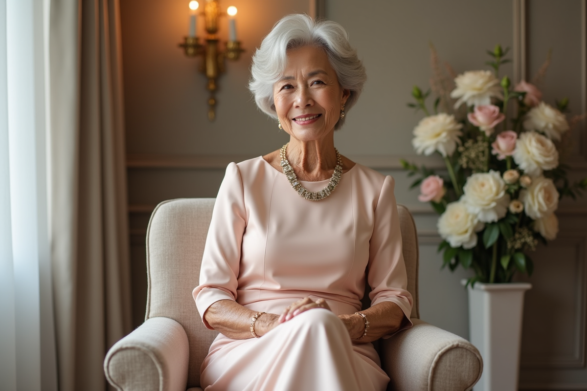 Femme élégante en robe pastel lors d'un mariage