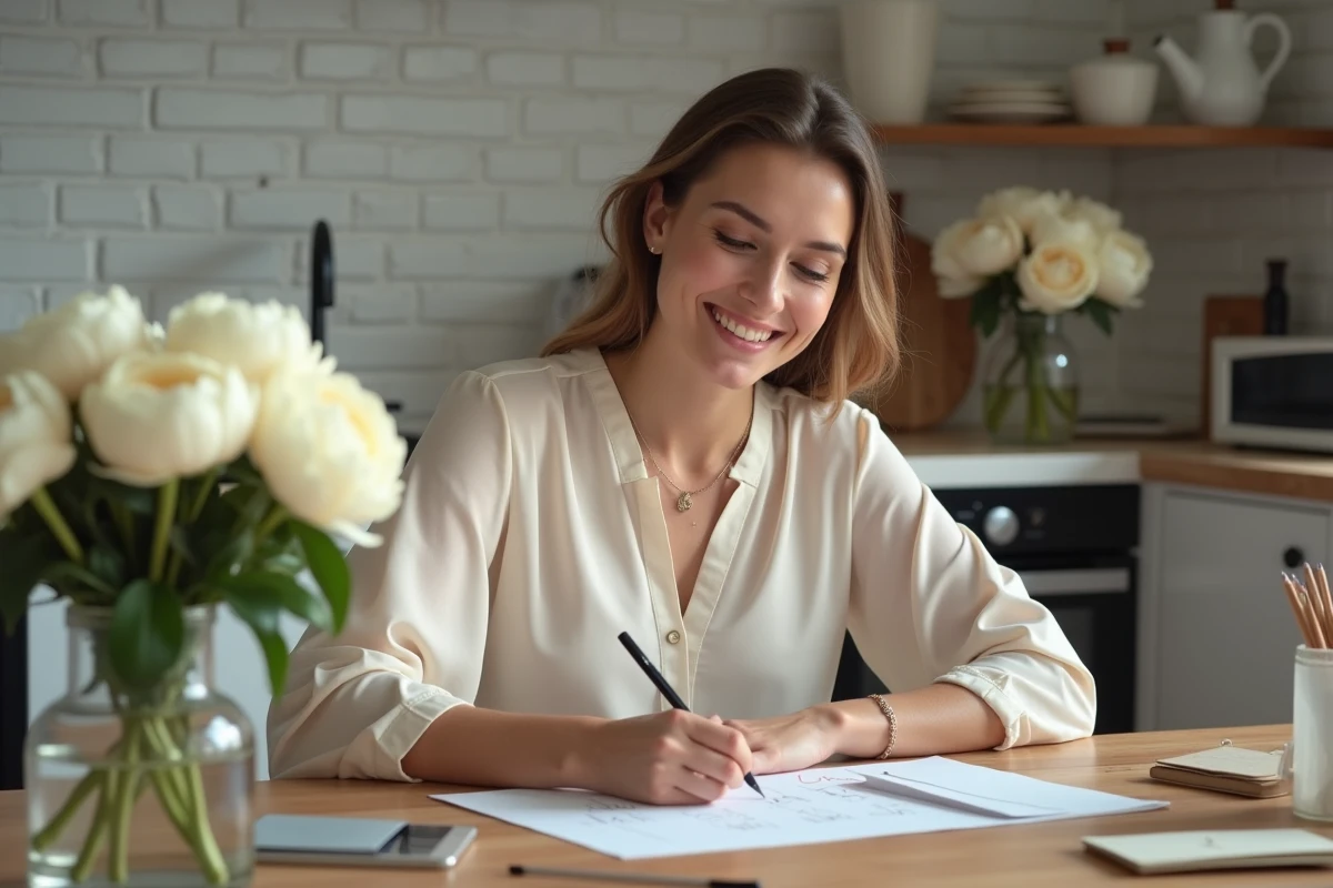 Jeune femme écrivant une carte save the date chaleureusement