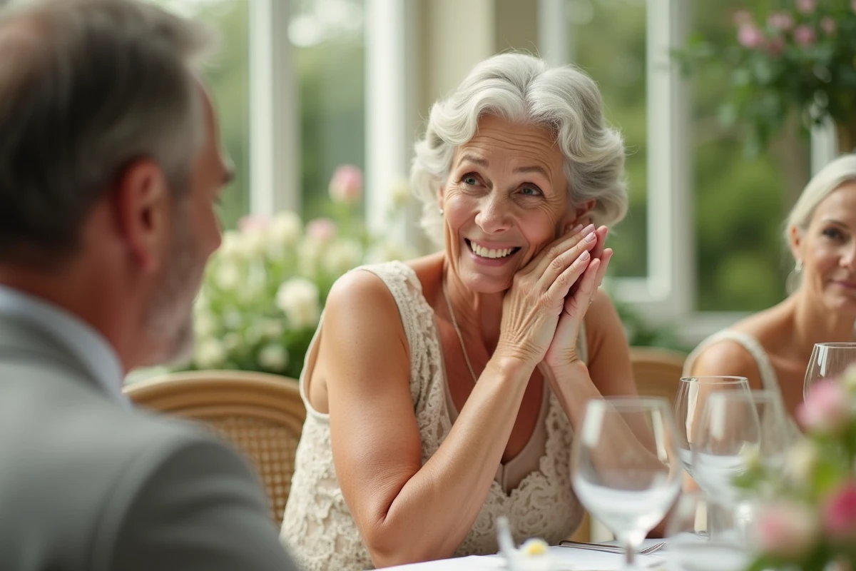Femme surprise et émue assise à une table de fête