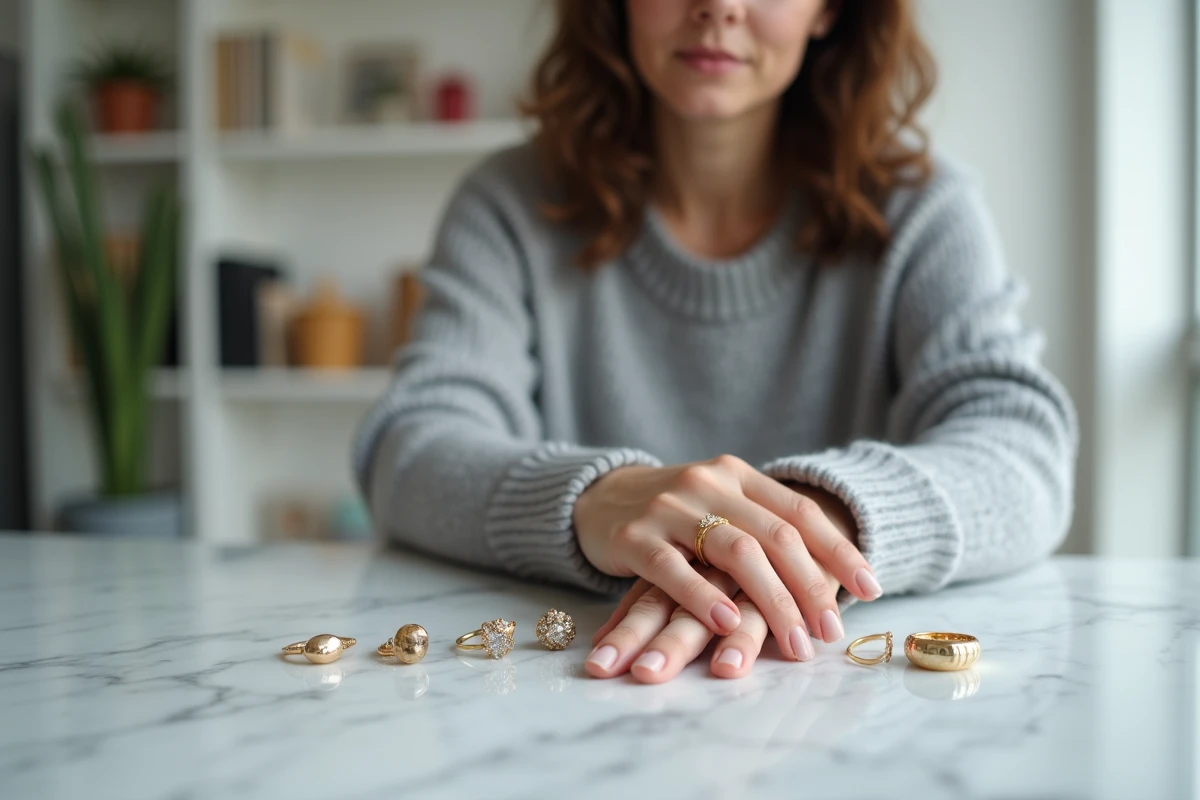 Femme essayant plusieurs bagues en or et argent de différentes tailles pour trouver le bon ajustement à la maison