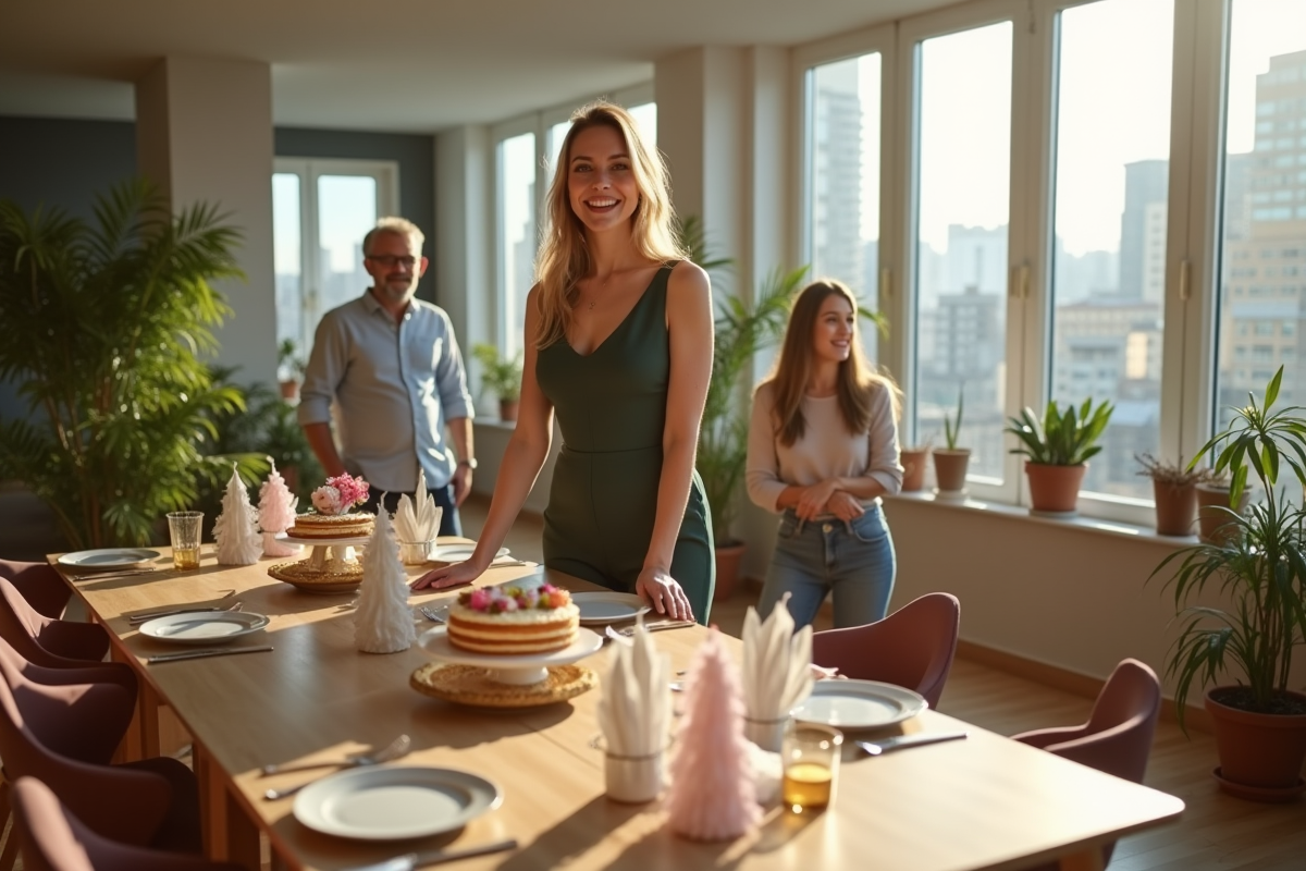 Femme souriante en jumpsuit près d un gâteau en intérieur