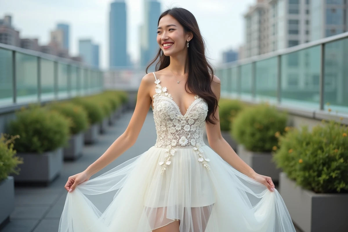 Femme souriante en robe de mariage moderne sur un toit urbain