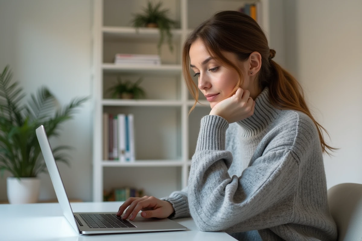 Femme lisant des spéculations sur les réseaux sociaux sur son ordinateur portable à domicile