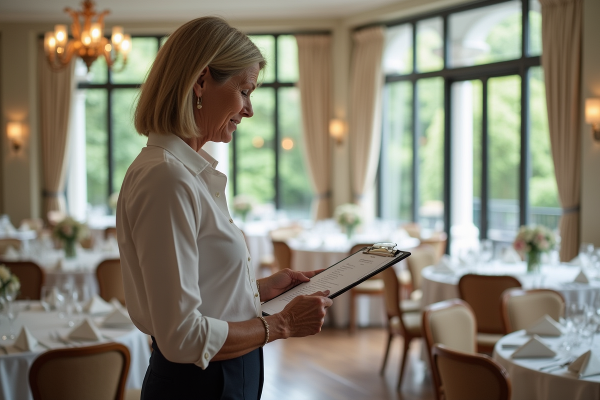 Femme planificatrice de mariage vérifiant un planning dans une salle élégante