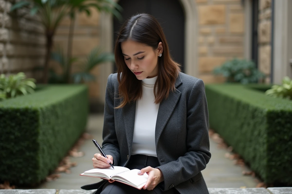 Femme pensive assise seule dans un jardin de cour en pierre, carnets ouverts sur les genoux, expression introspective
