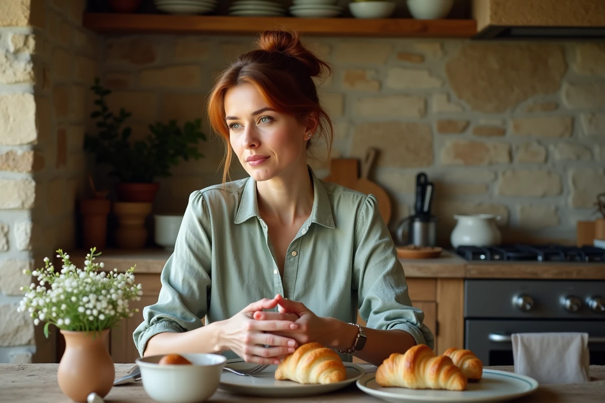 Femme détendue prenant son petit-déjeuner dans une cuisine de campagne française, représentant la vie privée et le bonheur conjugal