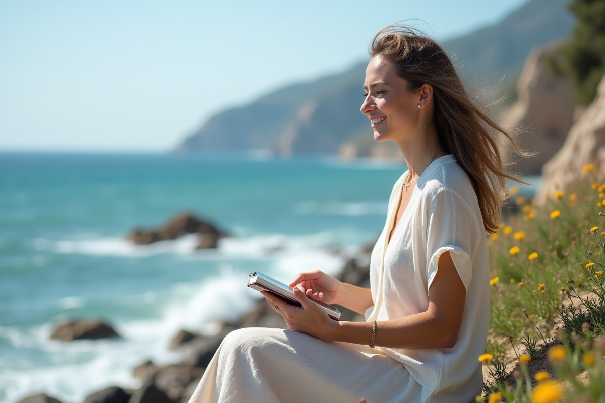 Femme détendue regardant son carnet de voyage sur la côte rocheuse