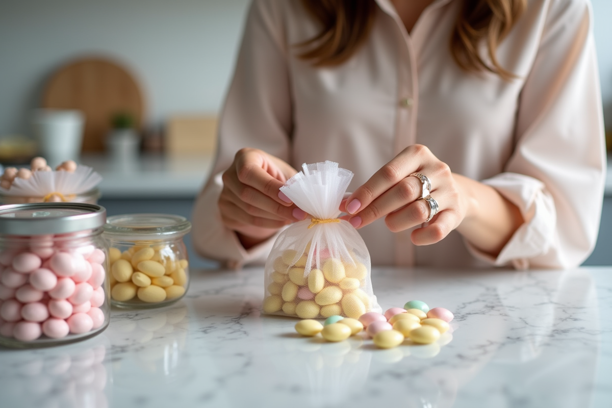 Femme remplissant sachets de dragées dans la cuisine
