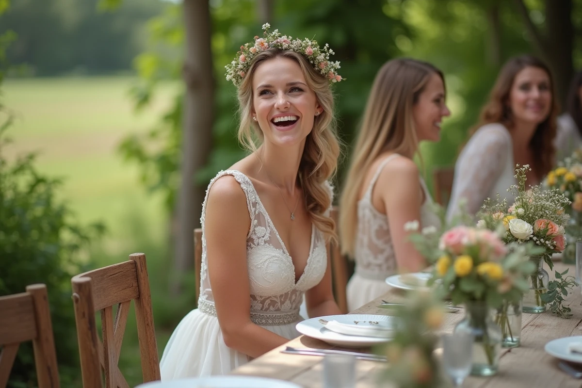 Femme en robe bohème souriante lors d’un repas en extérieur