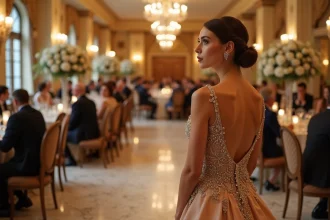 Femme en robe de soirée ornée lors d'un mariage élégant