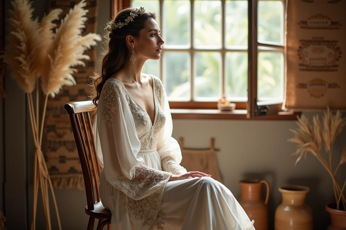 Femme en robe fluide bohème assise près d